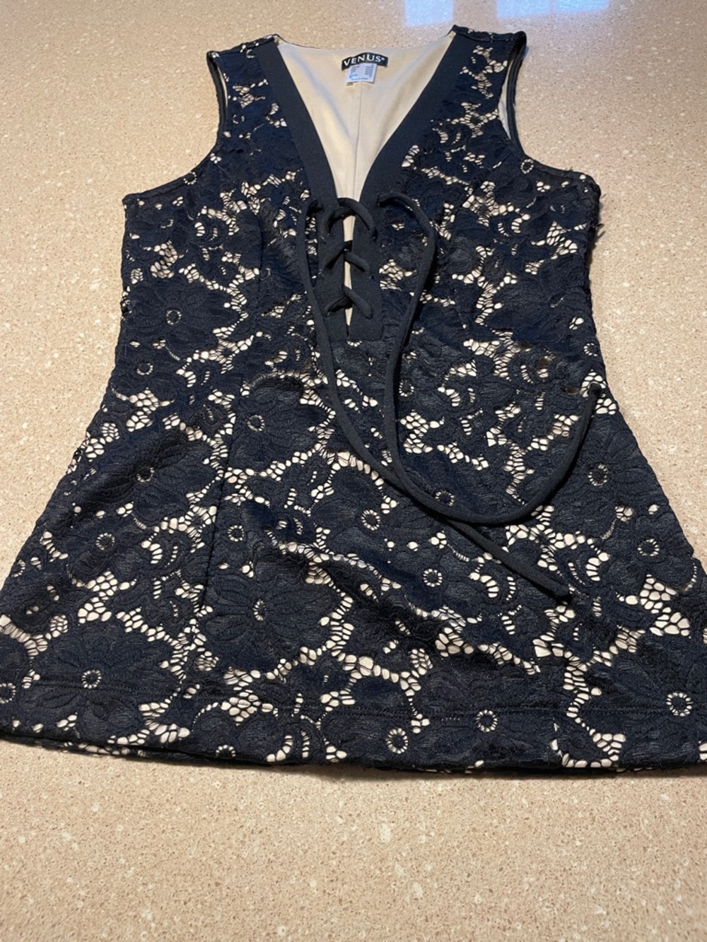 VENUS Black Floral Lace Tank with Tie Front